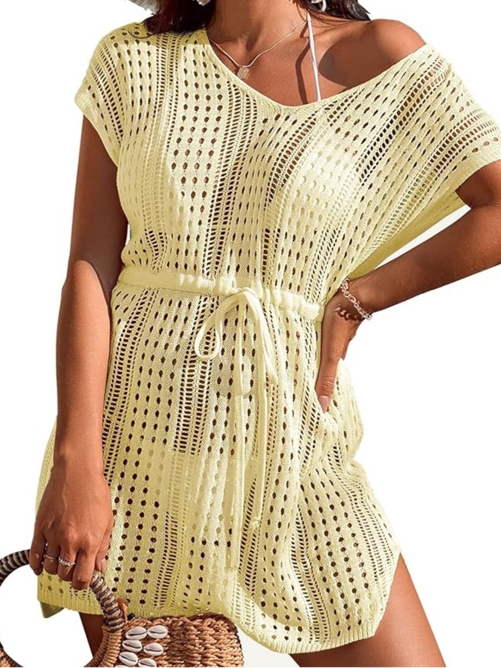 Cream Crochet Drawstring Tunic Cover-Up